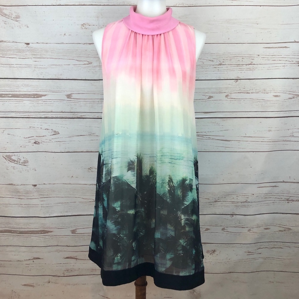 Ted Baker Palm Tree Paradise Sunset Sailboat Ombré Trapeze Retro Swing Dress